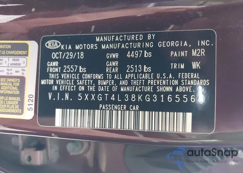 2019 Kia Optima Lx from USA, damaged, VIN 5XXGT4L38KG316556